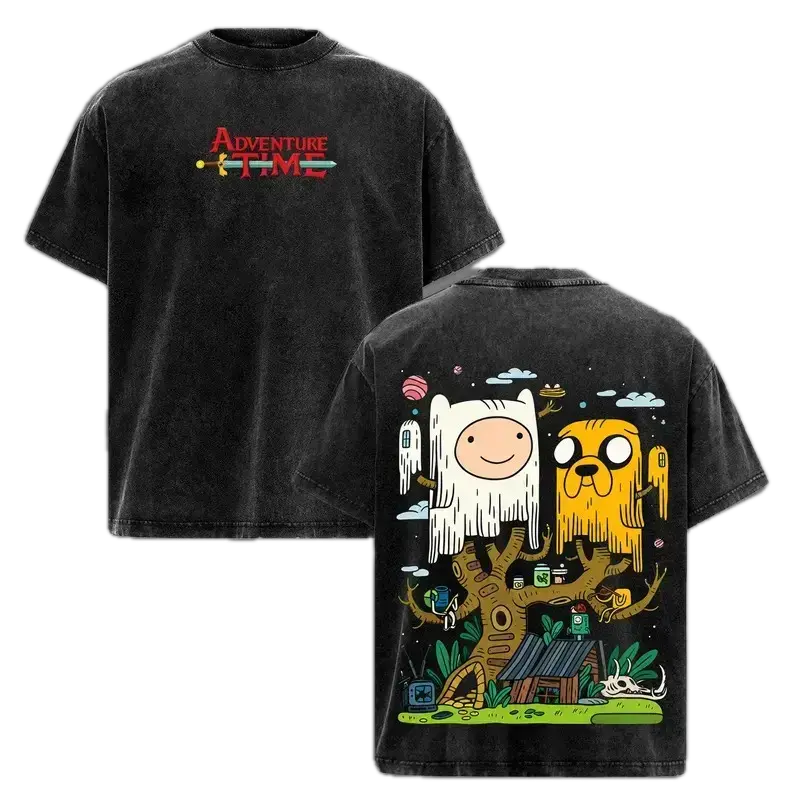 Men's Casual Round Neck Short-Sleeve Graphic Tee, Unisex Oversized Vintage Washed Heavyweight Cotton Top, Adventure Time Finn & Jake Double Print Streetwear Fantasy Fan Gift