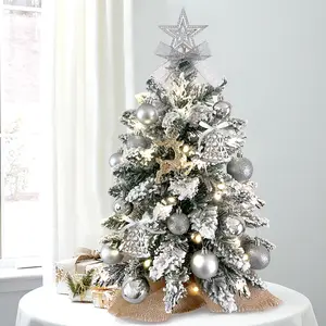 22in Mini Christmas Tree with Light Artificial Small Tabletop Decoration Flocked Snow Exquisite Silver Ornaments for Home Office