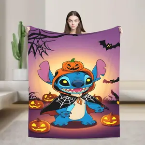 DISNEY CLASSIC Halloween Stitch Flannel Blanket - Soft, Warm, Bat, Pumpkin Cartoon Design, Sofa, Bed, Office, Blanket for Couch