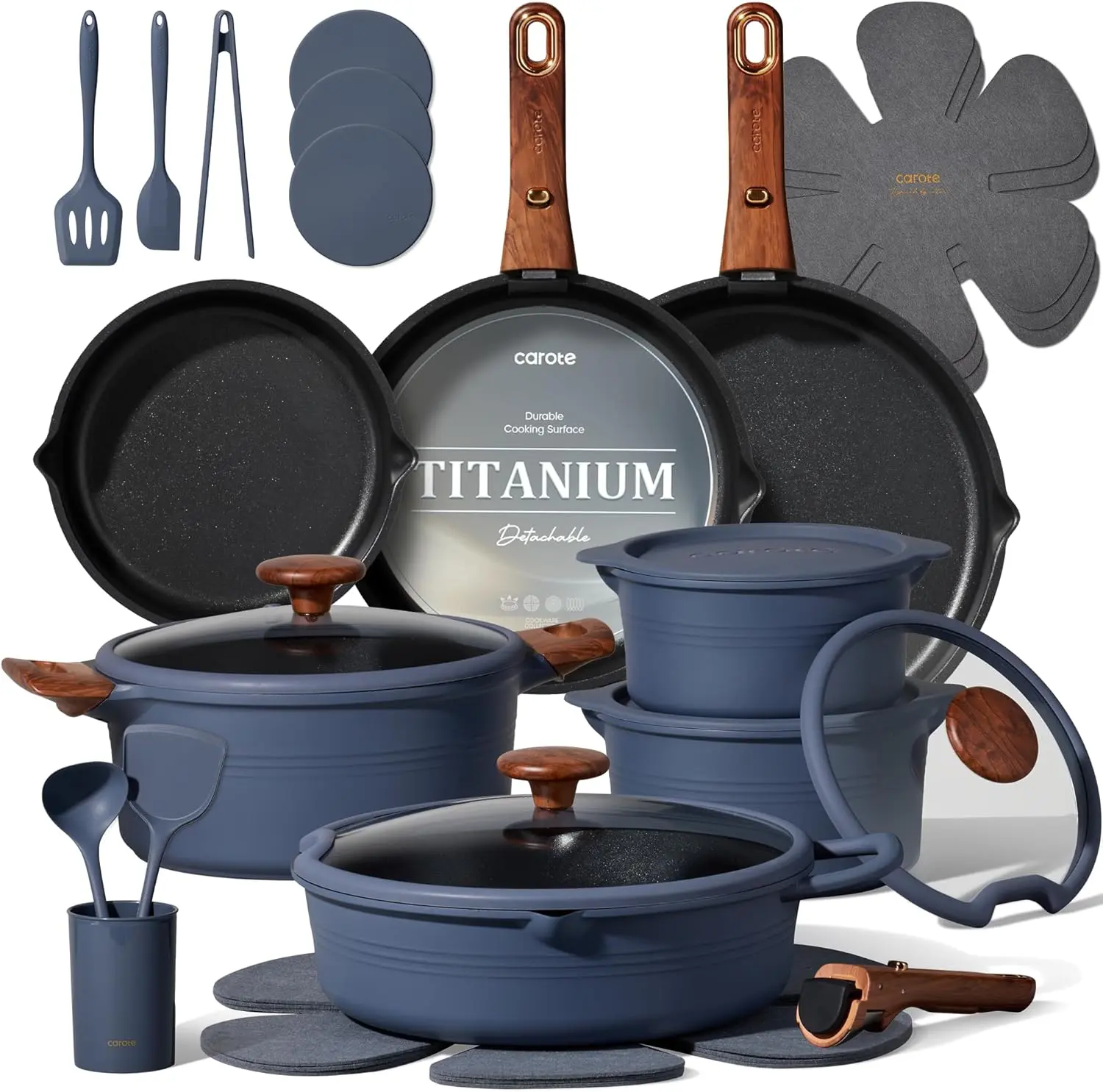 CAROTE 30-Piece Titanium Cookware Set, Nonstick Pots and Pans Set with Detachable Handle, RV Kitchen Cooking Set, Camping Use, Induction Compatible, Dishwasher & Oven Safe