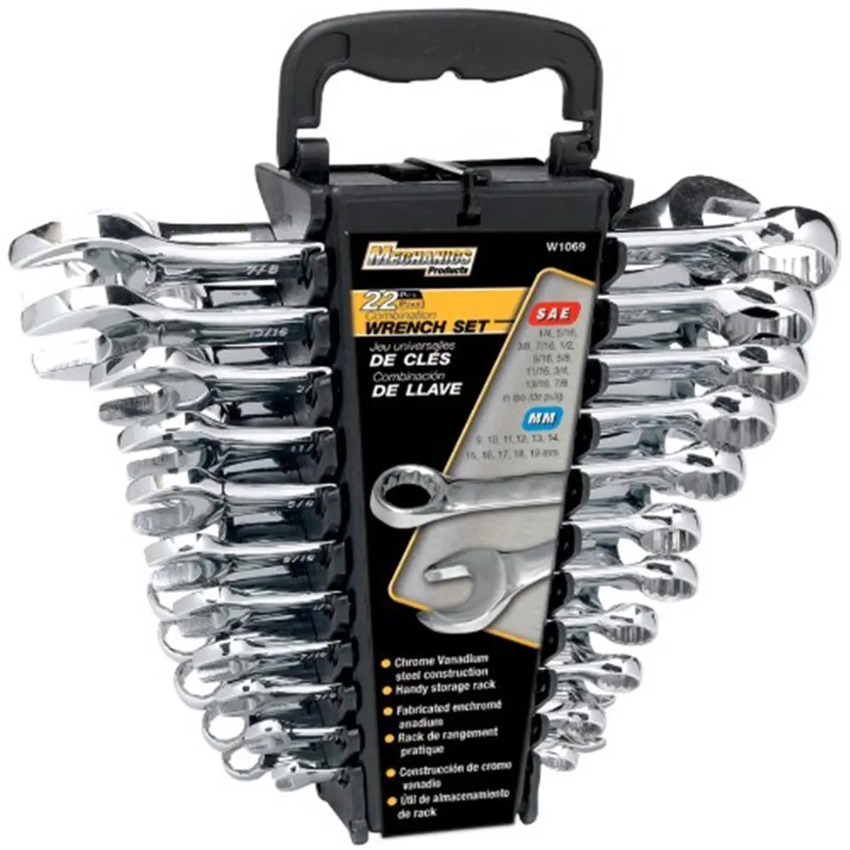 212 MAIN 22-Pc Combination Wrench Set (Model W1069) - Chrome Steel Construction, Polished Finish, Includes Handy Storage Rack