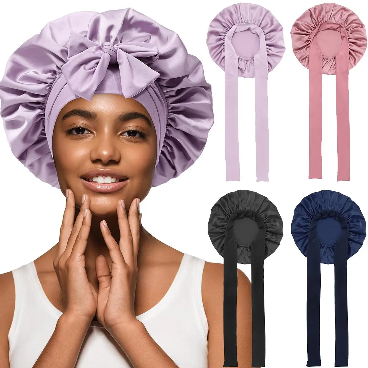 AWAYTR Satin Hair Bonnet Solid Color Single Layer Sleeping Caps Purple HairCare Cap Spring Summer Night Cap with Elastic Tie Band for Women TikTokShopBlackFriday summerwins