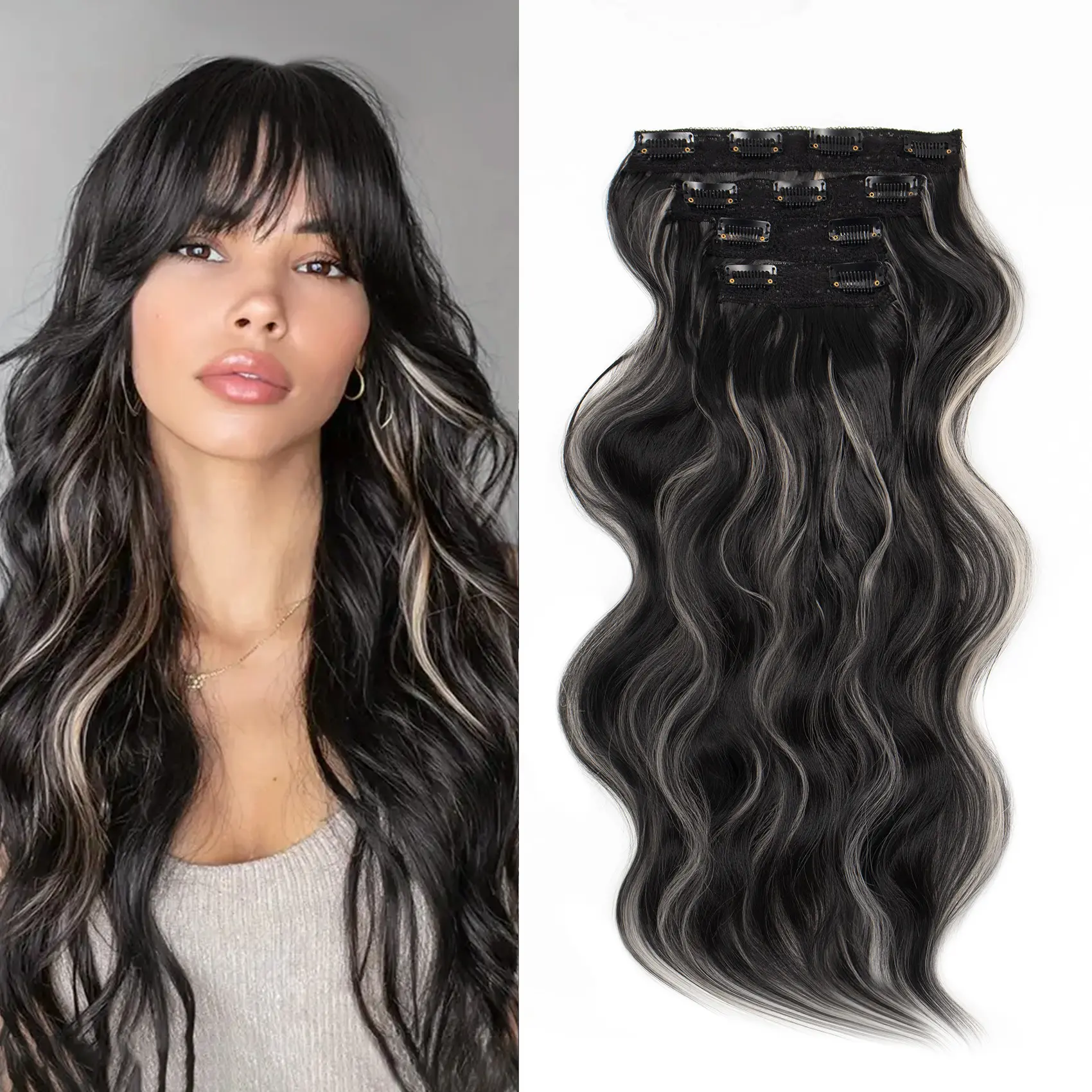 QBEAUTY Glueless Clip-in Synthetic Hair Extensions, Long Wavy Thick Natural Women's Hairpieces, Double Weft with 4/3/2 Secure Clips, Invisible Secret Hairpiece for Women, Body Wave, Clip Hair Extensions