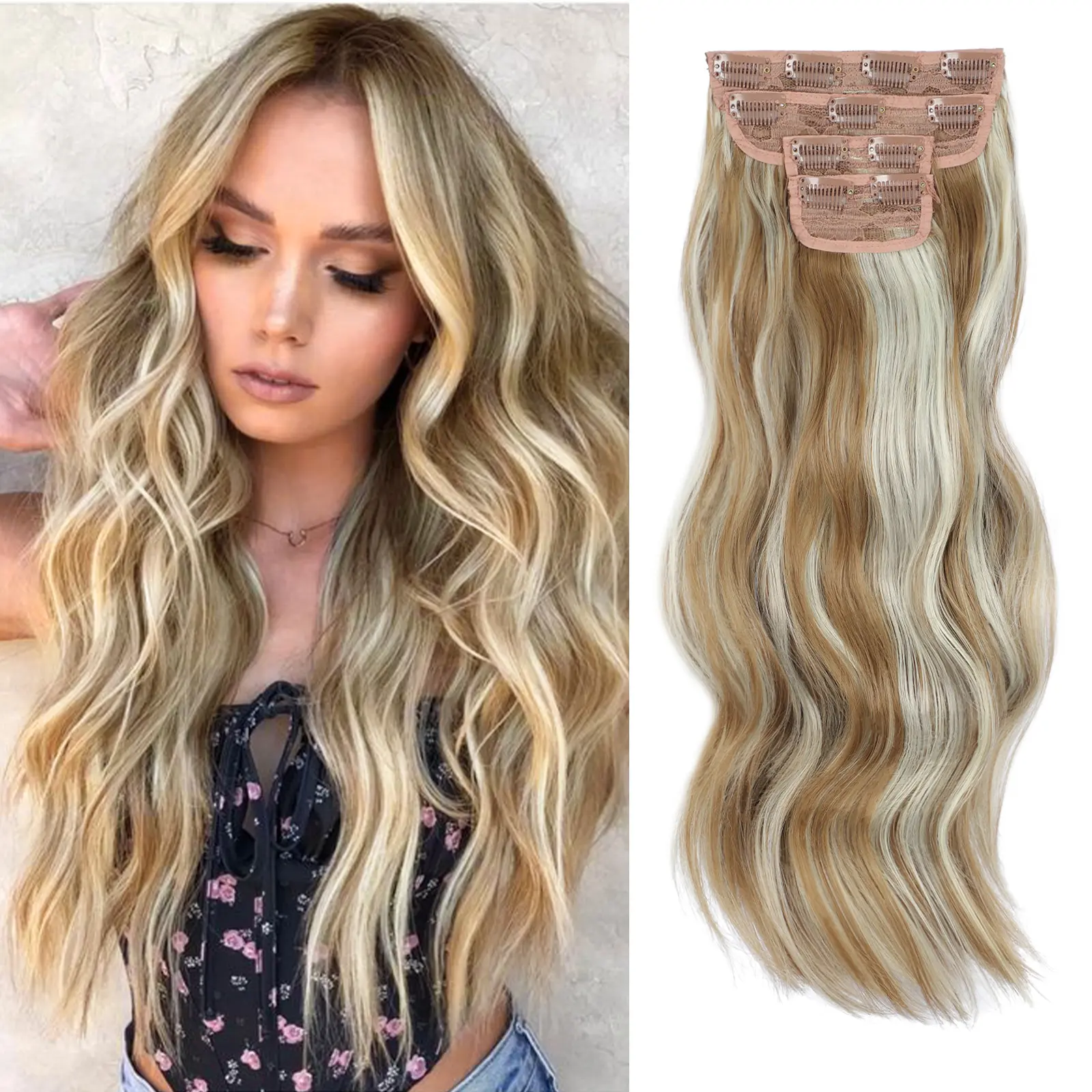 Vigorous Women's Long Wavy Clip Hair Extensions, Synthetic Blonde Blend for an Instant Blonde Hair Transformation, Easy-Install for Daily or Event Party Use, Female, Instantly Add Hair Length