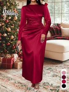 Plus-size Christmas Women's Vlothing Women's Elegant Chic Plain Satin Dress, Round Neck Long Sleeve Bodycon Fit High Waist Maxi Gown, Fall Fashion Plus Size Evening Wear Formal Wear