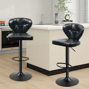 Bar Stools,PU Leather Adjustable Swivel Barstools Kitchen Counter Height Bar Stools, Hydraulic for Kitchen Counter Height, Square Island Backed Bar Stools,Black,Set of 2