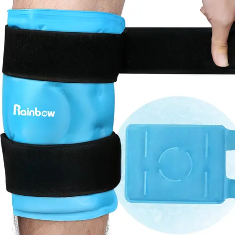 Reusable Dual-Side Rainbow Gel Knee Ice Pack Wrap with Adjustable Straps, 13x10 in Nylon Plush Extra Large Cooling Pads for Hot & Cold Compress, 1 Blue Attachable Ice Pack (Great Gift Option)