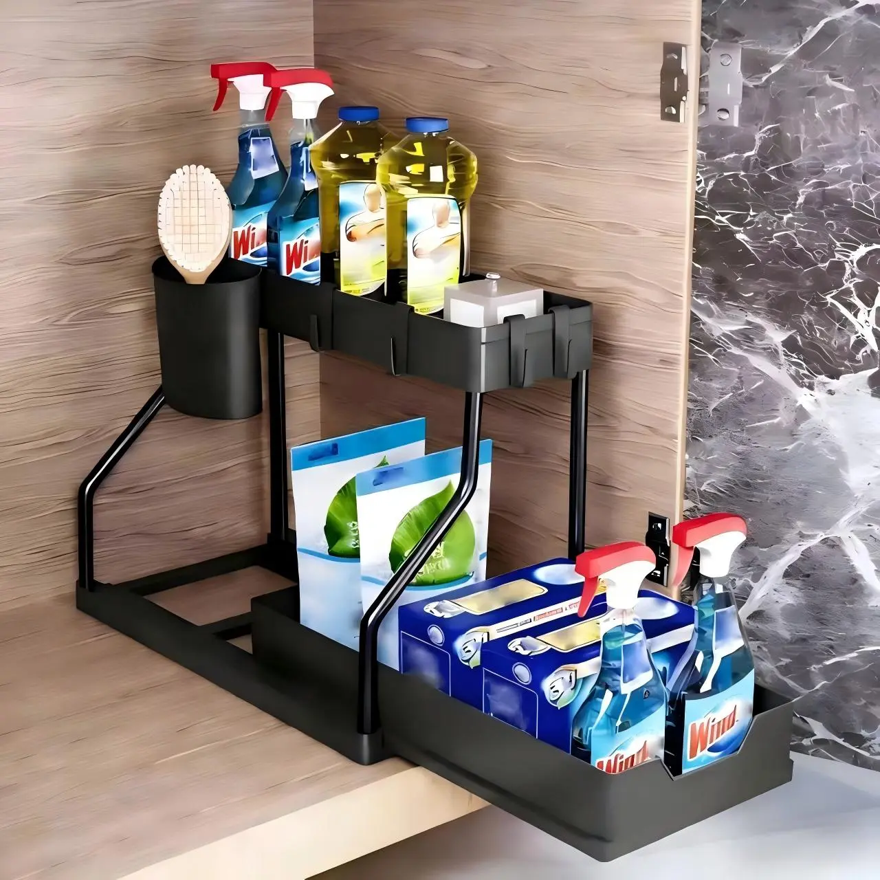 2-Tier Under Sink Organizer, Pull Out Sliding Cabinet Storage Rack with Metal Frame, Smooth Slide Storage Basket, Space Saver for Kitchen Bathroom Cabinet