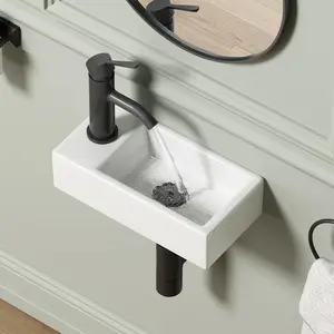 Small Wall Mounted Bathroom Sink,  14.5" x 7" Ceramic Rectangar Wall Hung Vessl Sink White Wash Basin, Save Space for Mini Bathroom (Left Hand)