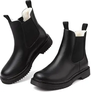 Women's Winter Boots Chelsea Style Warm Fur Lined Slip On Chunky Ankle Booties in Black PU Leather Comfortable & Non-Slip Rubber Soles
