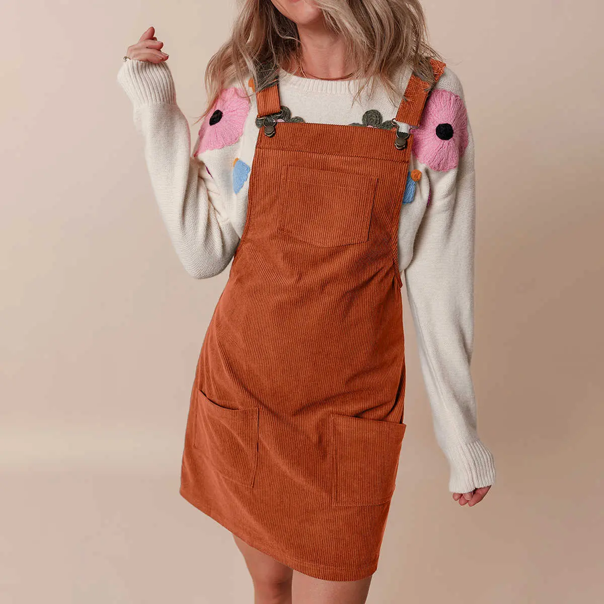 Women's Casual Solid Corduroy Sleeveless Pinafore Overall Dress - Polyester Fabric, Front Pockets, Stylish Design for Summer Everyday Wear, Style