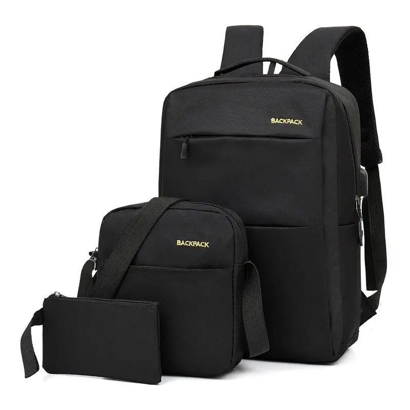 Elegant Black 3-Piece Student Backpack Set - Lightweight Durable Campus Functional Bag with Organizer Pocket for Storage Organization, Everyday Carry, 2-Strap Weight-Spreading Design, Campus Life