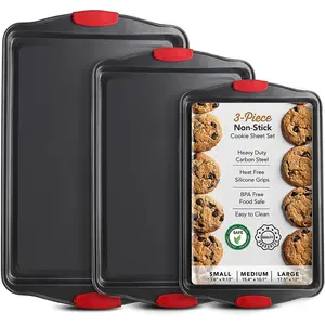 3-Piece Nonstick Baking Sheet Set with Silicone Handles, Durable Steel BPA Free Baking Pans for Oven Baking, Black Cookie Sheet Pan Set for Baking