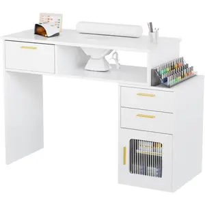 OmySalon Nail Desk with Ribbed Design & Electric Dust Collector - Nail Tech Station with Storage Drawer, Fluted Glass Cabinet & Wrist Cushion for Home Salon & Spa