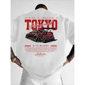 Men's Regular Fit Car & Letter Print Round Neck Tee, Street Fashion Casual Short Sleeve T-shirt for Daily Wear, Men's Top for All Seasons, Tropical, Streetwear.