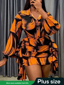 Plus Size Women's Two-Piece Set Short Skirt & Bubble Sleeves Blouse, High-Waisted Fitted Design, Casual All-Season Wear, Button-Front Style