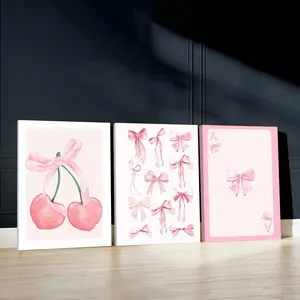 3pcs Romantic Cherry Wall Art, Bows Poster, Soft Pink Art Prints, Valentine's Day Home Decor, Valentines Decor, Modern Wall Paintings, Cozy Canvas Posters Wall Arts, Decor for Living Room, Bedroom, Housewarming Gift, With Frame, Cute Artwork