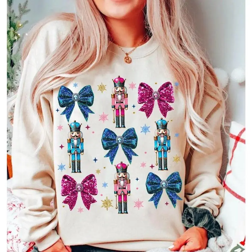Coquette Glitter Nutcracker Christmas Sweatshirt, Merry Christmas Shirt, Pink Nutcracker Friends Shirt, Coquette Bow Tee, Xmas Holiday Gift