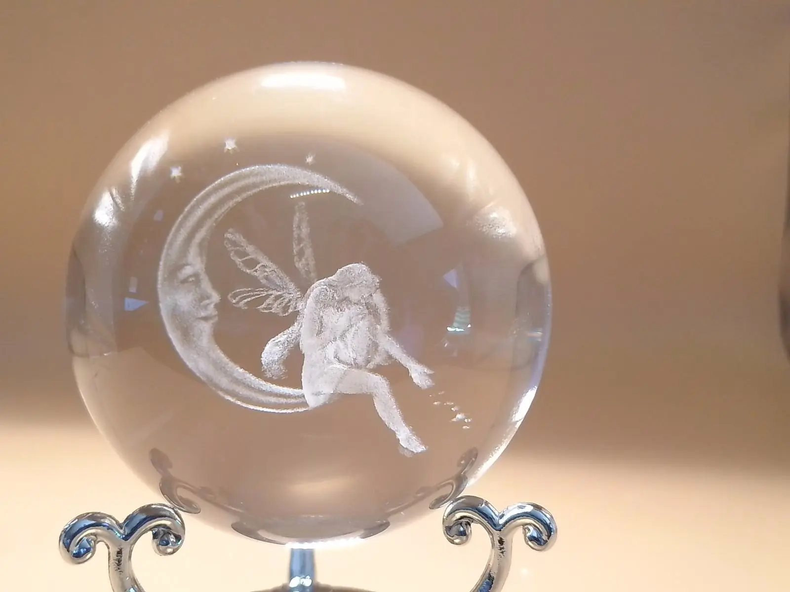 60mm Non-Natural Crystal Ball Paperweight - 3D Laser Engraved Floating Moon & Fairy, Sparkling Beautifully Light Glass Ornament, Sturdy Metal Tripod Stand, Boho/Dark Academia Home Decor, Desk Gift for Fairy Lovers, Eclectic Rooms Tabletop Accent
