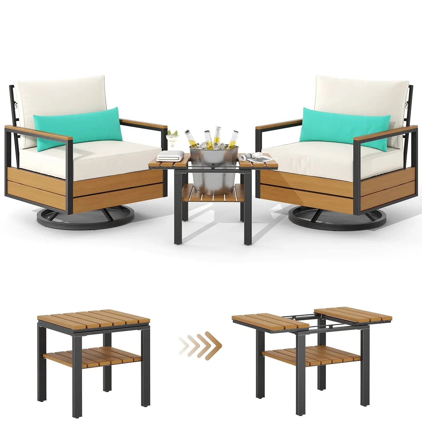 3 Piece Outdoor Patio Bistro Set with 360° Swivel Armchair Accent Chair, Thick Cushion and Sliding Table Beige