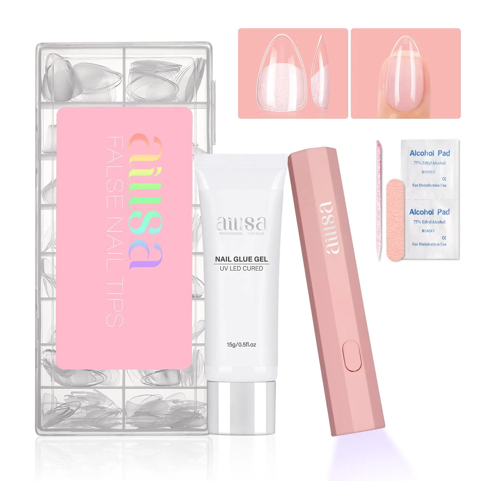 AILLSA Press On Nail Kit with Clear Nail Tips, 15g Strong Solid Nail Glue Gel & Handheld UV Light, Full Cover Pre-Filed Tips for DIY Nail Extension