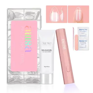 AILLSA Press On Nail Kit with Clear Nail Tips, 15g Strong Solid Nail Glue Gel & Handheld UV Light, Full Cover Pre-Filed Tips for DIY Nail Extension