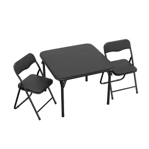 3 Piece Kids Folding Table And Chair Set No Assembly Toddler Activity Desk Heavy Duty 300lbs Capacity Soft PU Leather Cushioned Chairs Space Saving Children Study Desk For Learning Arts Crafts Playroom Home Furniture Cream Gray Black