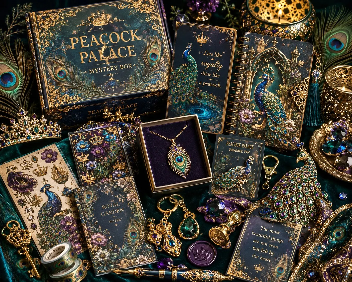 Peacock Palace Curated Box | Peacock Gifts, Jewel Tone Jewelry, Royal Stationery & Luxury Accessories
