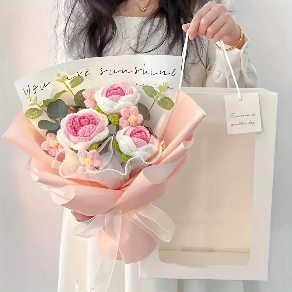 Handmade Crochet Rose Bouquet Gift Bag Set, Artificial Knitted Floral Decor for Birthday Mother's Day Valentine's Christmas Home Decoration, Artificial Roses, Decorative Flowers