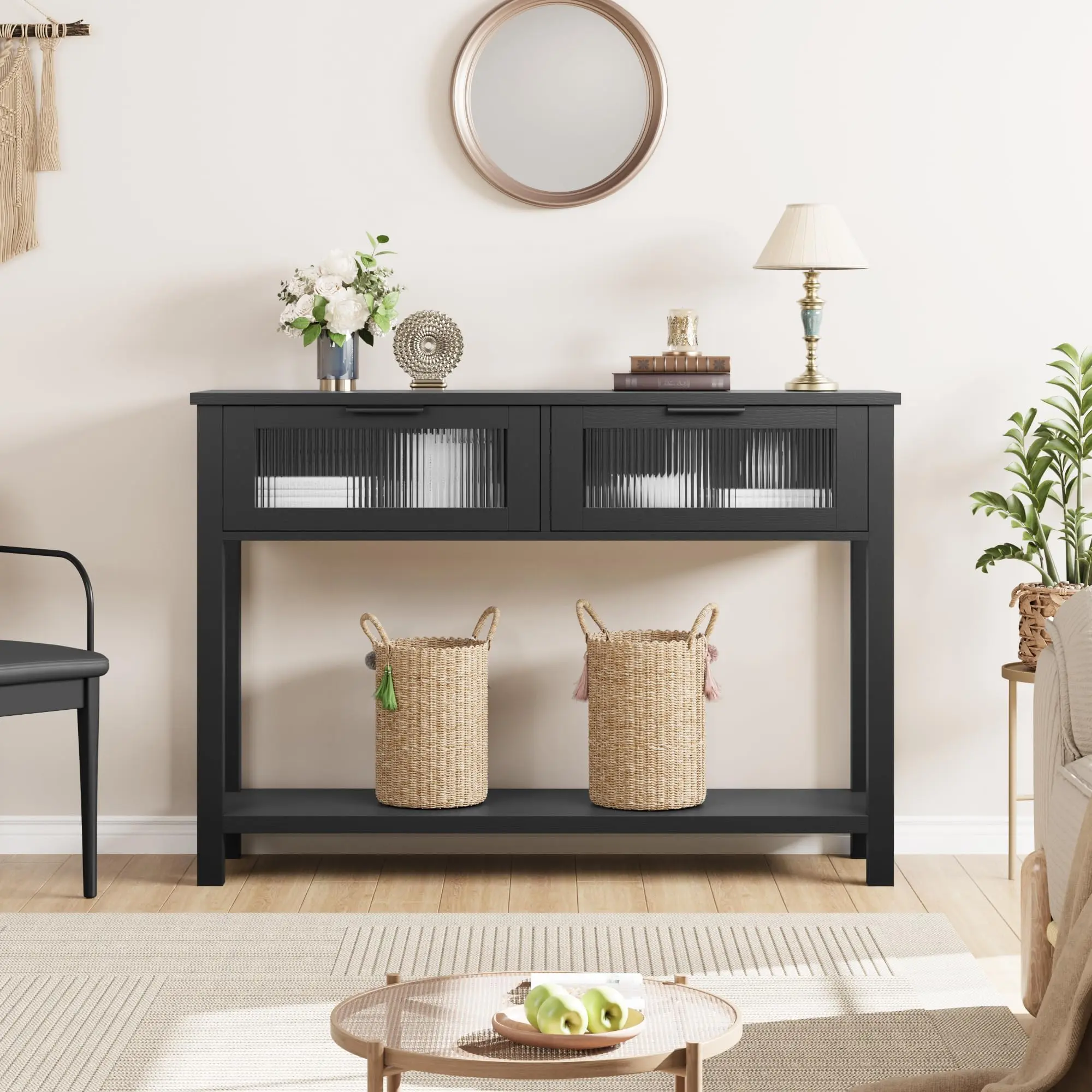 Garvee and Garvee Entryway Console Tables with 2 Glass Drawers, 2-Tier Storage, Wood and MDF Build, Vintage to Modern Styles, Suitable for Living Room, Hallway, or Foyer