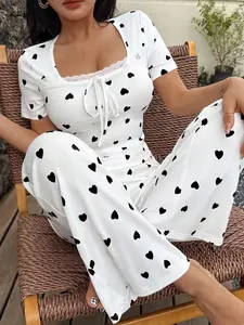 Women's Heart Print Short Sleeve Sleepwear Set, Pajama Set, Loungewear, Homewear, Pjs, Breathable Fabric, Soft and Comfortable, Indoor Outdoor Wear, Casual Home Clothes Two-Piece