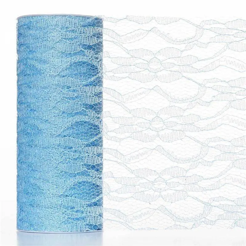 Serenity Blue Glittered Tulle Fabric Roll with Sparkly Finish Floral Lace - 6 in x 10 yd, for DIY Crafts, Wedding Decor, Dress Making