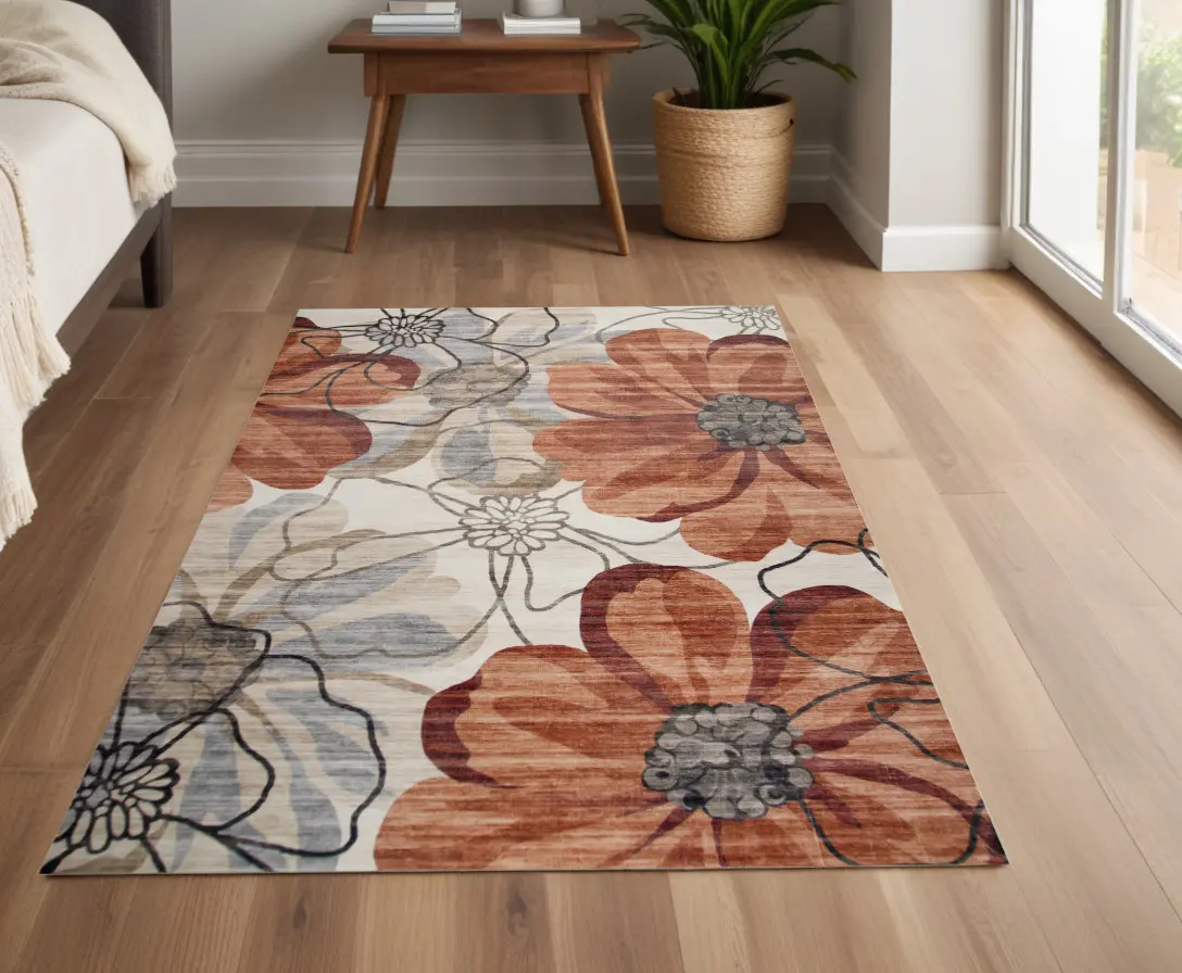 HomeRoots 530587 4x6 ft. Red & Beige Floral Distressed Rectangular Botanical Area Rug, Plant-Themed Household Textile Carpet, Botanical Area Rugs, Plant-Themed Area Rugs