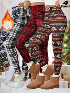 Women's Winter High Waist Plaid Fleece Lined Pants, Elastic Warm Lamb Velvet Nine-Point Stretchy Soft Leggings, Casual Fashion S-Xxl