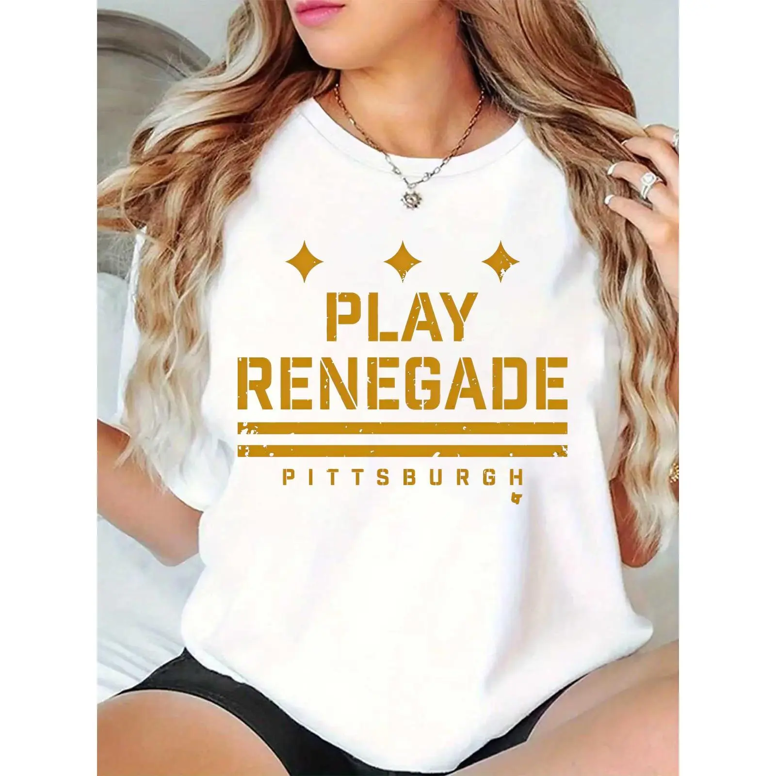 Women’s Play Renegade Pittsburgh Graphic T-Shirt – Casual Game Day Tee for Pittsburgh Fans, Vintage Distressed Stars & Text Design, White