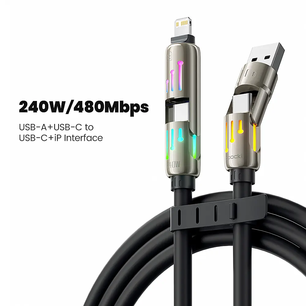 Toocki 240W Durable Silicone USB-C Cable - 4-in-1 Waterproof Fast Charging & Data Sync Cord with Breathing Light, Alloy Build for Mobile Devices: iPhone 16e/16/15/14 Pro, Lightning-Compatible, MacBook, iPad, Samsung S25, Switch 2, Automatic, Rgb Lights, S