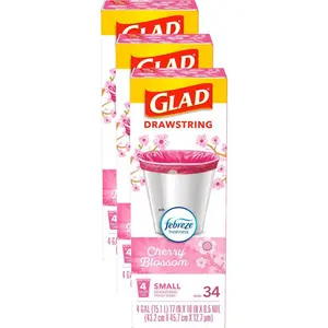 Glad 4 Gallon Small Drawstring Cherry Blossom with Febreze Pink Trash Bags, Scented Trash Bags, Febreze Trash Bags, Cherry Blossom Scent, 4 Gallon Trash Bags, Small Trash Bags, Bathroom Trash Bags, Odor Control Bags, Leak Proof Trash Bags.