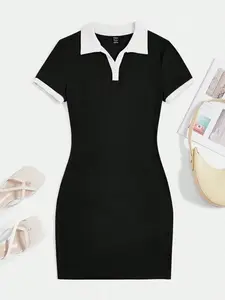 Contrast Trim Polo Neck Bodycon Dress | Casual Sporty Chic for Daily Wear