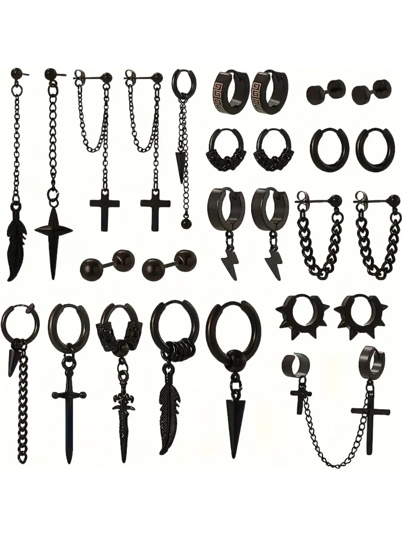 Men's Stainless Steel Earrings Set, Punk Style Earrings, Dangle Earrings Men, Cross Feather Pendant Chain Hip Hop Punk Circle Studs, 27 Piece Jewelry Collection