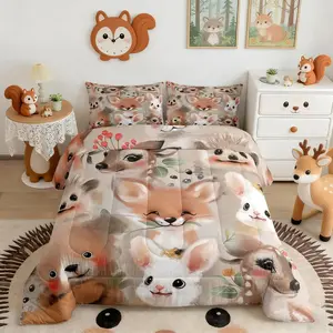 Kawaii Animals Comforter Set,Cute Fox Deer Rabbit Duvet Insert for Kid Teen Boys Girls Room Decor,Plants Leaves Quilted Duvet,Animal Home Quilt Cover