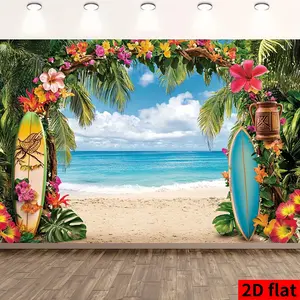 1PC,2D Flat Hawaiian Style Beach Party Backdrop, Tropical Flowers & Surfboard Beach Sea View Photography Curtain, Backdrop for Birthday, Wedding, Festival Decoration, Cross - border Hot - sellin