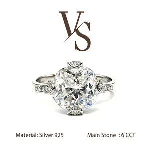 [Venus Jewelry] Lab Created Gemstone 6 CCT Cushion Cut Leaf Design Solid Silver 925 Ring