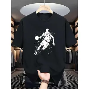 Cotton Short Sleeve  T-Shirt Regular Fit Polyester Men's Basketball Print T-Shirt - Comfortable Crew Neck Casual Style with Slight Stretch for Summer Wear and Outdoor Activities, Geometric Pattern Athletic Streetwear