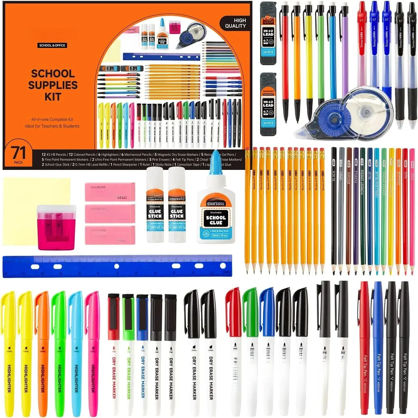 71 Pack School Supplies Kit, Back to School Supplies for Teachers, Middle High Schools, College School Supplies with Highlighters, Pencils, Gel Pens, Dry Erase Markers, Felt Tip Pens, Glue