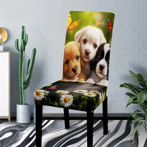 Polyester material printed chair cover, featuring a scene of three adorable puppies snuggling together, with butterflies and daisies embellishing the background. The colors are soft and natural, perfect for home decoration to enhance the atmosphere