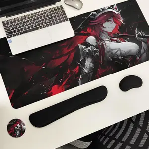 Anime Girl Warrior Mouse Pad Set, 4 Counts/set Mouse Pad & Keyboard Wrist Rest & Mouse Pad & Coaster Set, Ergonomic Wrist Support for Home Office Gaming