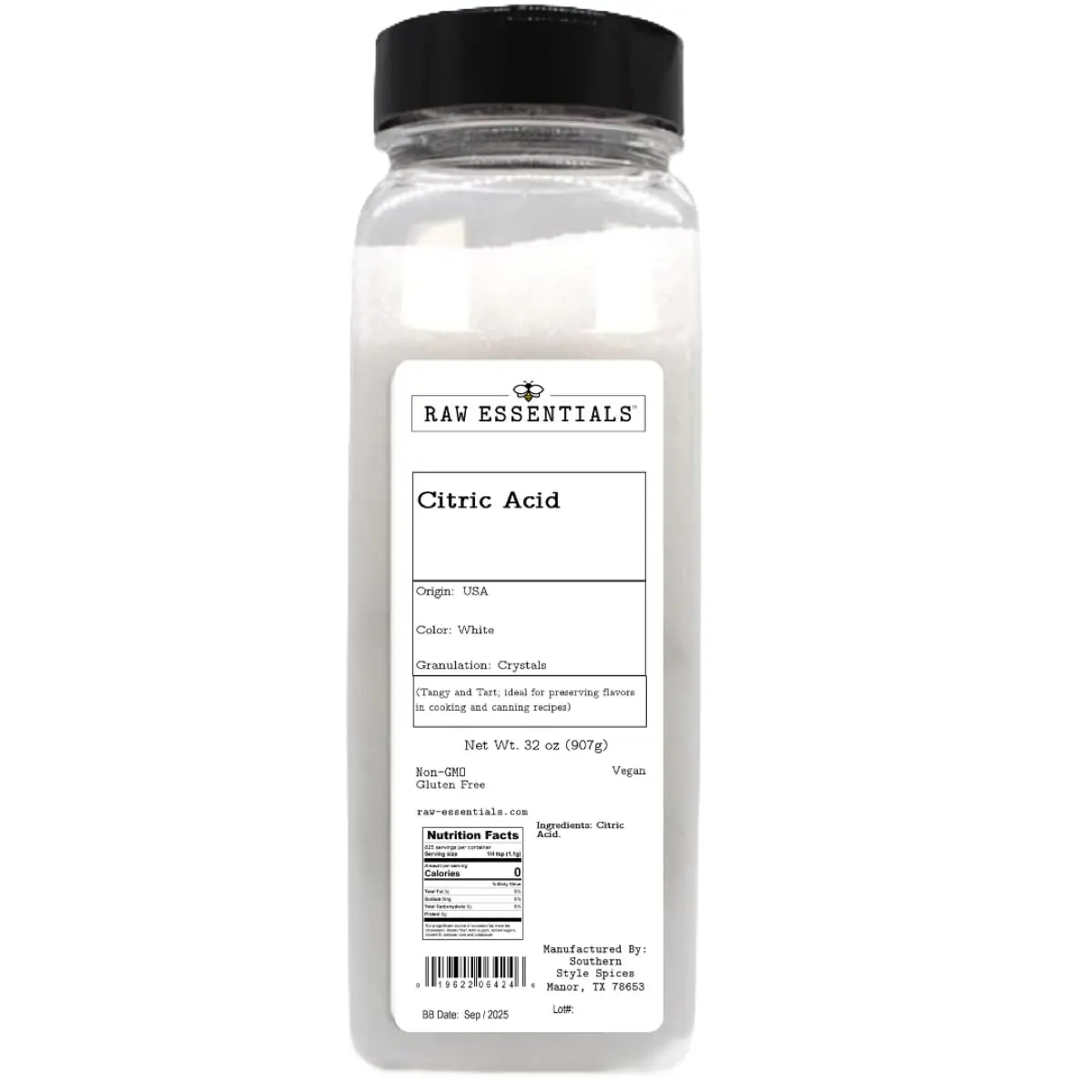 Raw Essentials Citric Acid - Food Grade & Versatile - Perfect for Cleaning, Bath Bombs, Cooking, Canning, and Preserving Flavors - Tangy & Tart - Vegan, Gluten-Free, Non-GMO - Large 32 Ounce Bottle