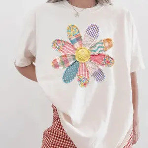 Women's Lady Soft Patchwork Daisy Print Casual Tshirt - Sports Top, Tee, Sweet Gift for Her