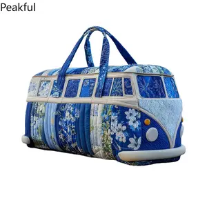 Hippie Van Inspired Quilted Travel Bag, Popular Blue Floral Patchwork Bus Duffle Tote, Retro Shaped Weekender Bag with Spacious Compartment, lightweight design & durable construction, great for weekend trips, festival adventures, overnight stays