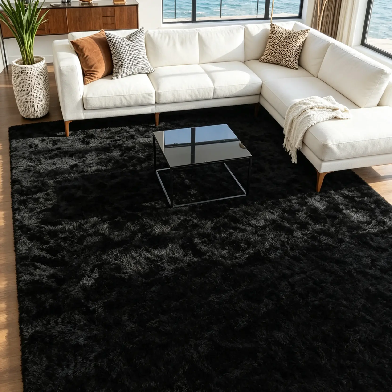 Black Plush Shaggy Area Rug - Ultra-Soft Long Fur, Non-Slip Fluffy Floor Mat for Living Room, Bedroom Home Decor | SummerVibes